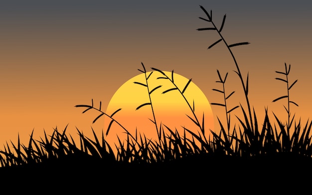 夕日と草のシルエット