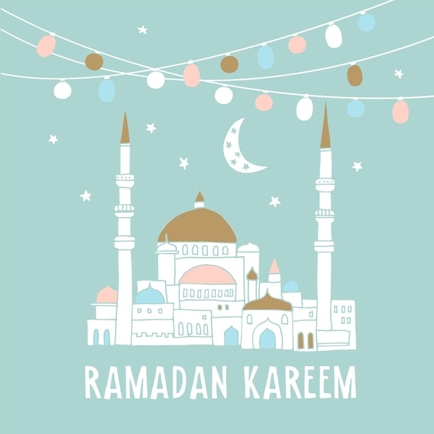 Вектор Силуэт нарисованной вручную мечети с гирляндами лампочек лунные звезды векторная иллюстрация фон для мусульманского сообщества священный месяц рамадан карим