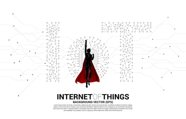 回路のドットとラインのグラフィックスタイルからiotの文言の中心にcpuプロセッサで飛んでいるスーパーヒーローのスーツを着た男のシルエット。モノのインターネット技術の概念。