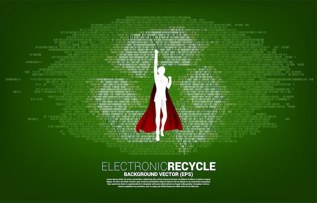 世話をし、環境を保存するためのバイナリコードの背景からリサイクルアイコンで飛んでいるスーパーヒーローのスーツを着た男のシルエット