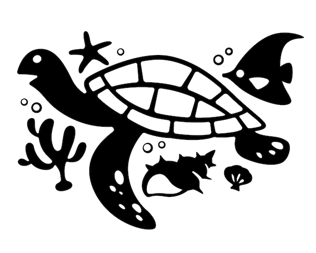 ベクトル 海洋動物のシルエットユナイテッドウミガメ魚サンゴ貝ヒトデ黒かわいいデザインイラスト白地に
