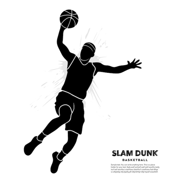白い背景に分離されたスラムダンクのためにジャンプするプロのバスケットボール選手のシルエット