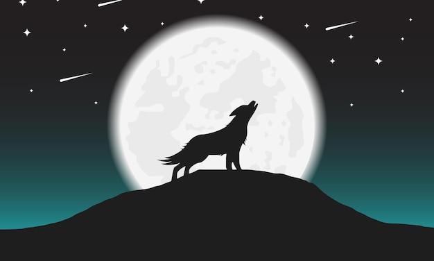 Силуэт волка, воющего на луну на векторной иллюстрации ночного пейзажа