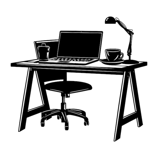 Silhouette Office Desk With Laptop and Coffee black color only