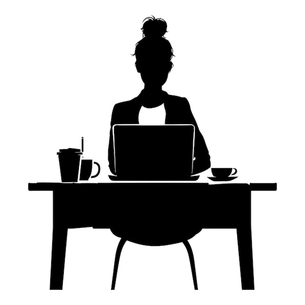 Silhouette scrivania da ufficio con portatile e caffè solo colore nero