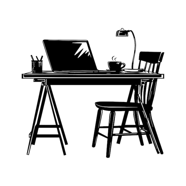 Vector silhouette office desk with laptop and coffee black color only