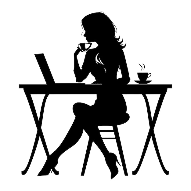 Silhouette desk di ufficio con laptop e caffè con donne che lavorano all'interno