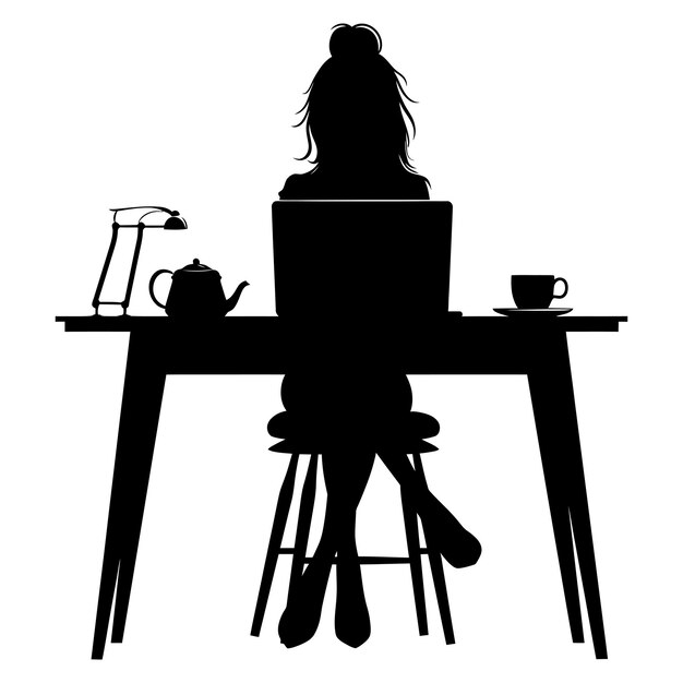 Vector silhouette office desk with laptop and coffee with women working inside