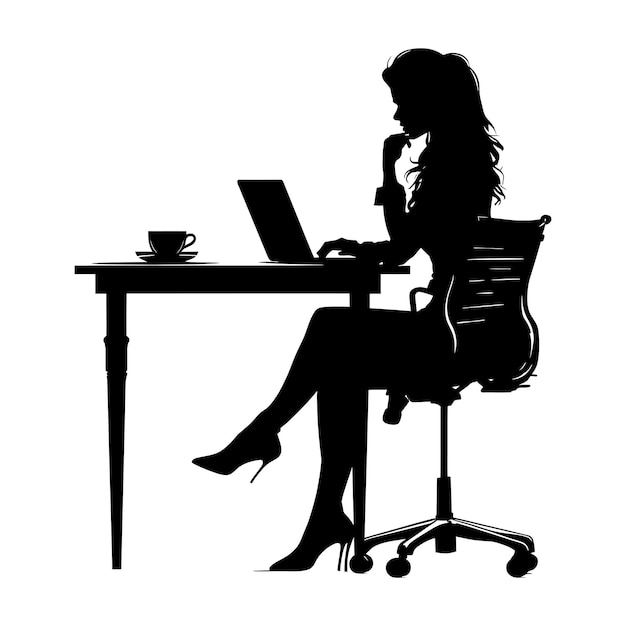 Silhouette office desk with laptop and coffee with women working inside