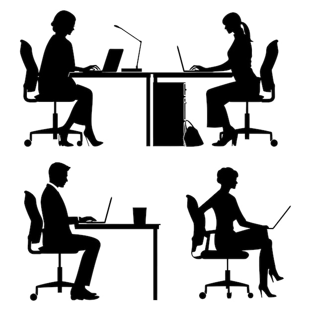 Vector silhouette office desk with laptop people work inside