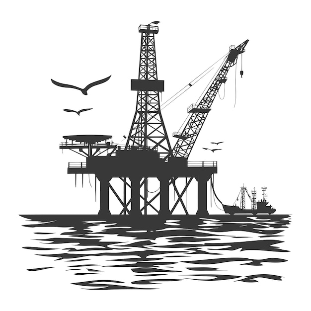 Вектор Силуэт нефтяной платформы или нефтяной скважины в море только черный цвет