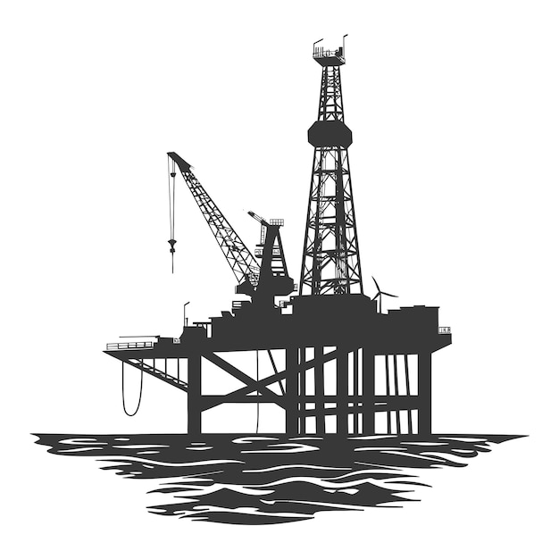 Вектор Силуэт нефтяной платформы или нефтяной скважины в море только черный цвет