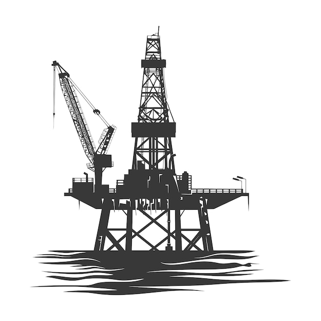 Вектор Силуэт нефтяной платформы или нефтяной скважины в море только черный цвет