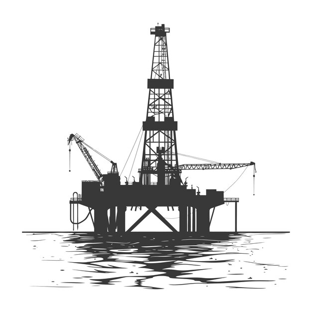 Вектор Силуэт нефтяной платформы или нефтяной скважины в море только черный цвет