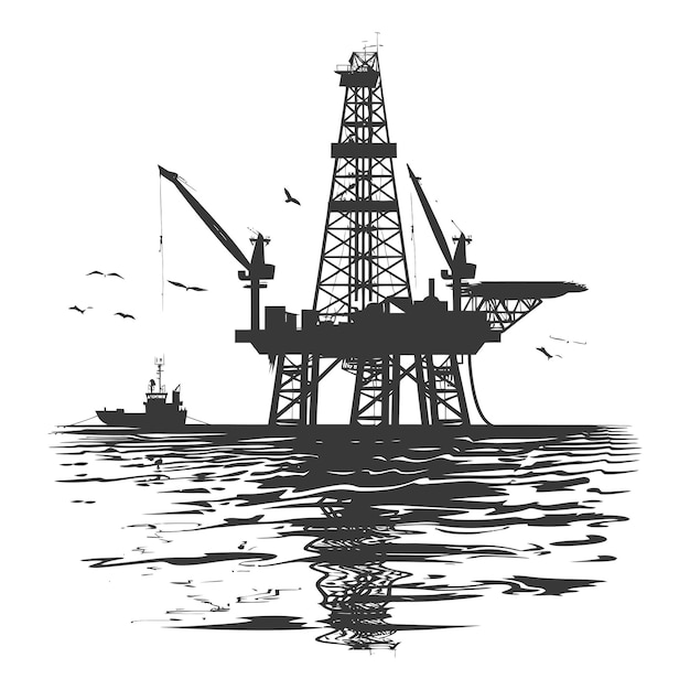 Вектор Силуэт нефтяной платформы или нефтяной скважины в море только черный цвет