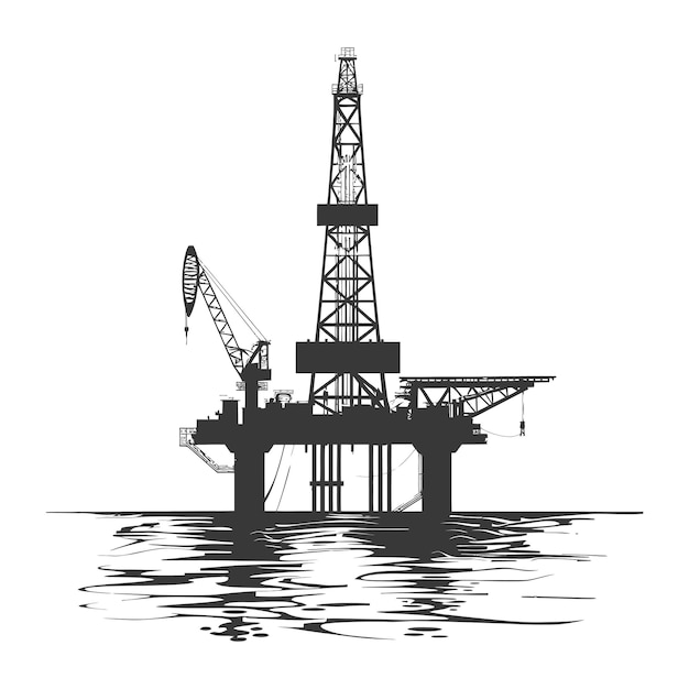 Вектор Силуэт нефтяной платформы или нефтяной скважины в море только черный цвет