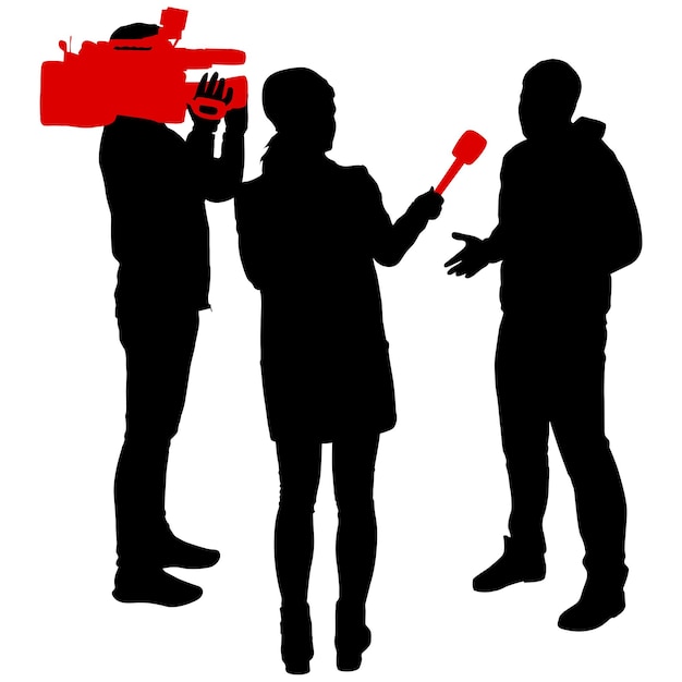 Vector silhouette operator removes journalist with microphone on a white background