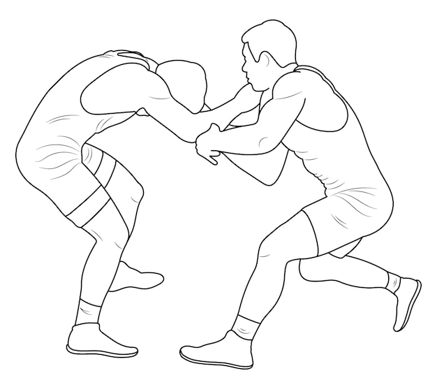 Vector silhouette outline athletes wrestlers in wrestling duel fight sketch drawing greco roman  wrestling