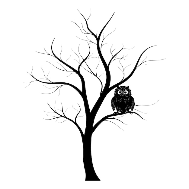 Silhouette of an owl in the full moon on a tree On a white background Design element