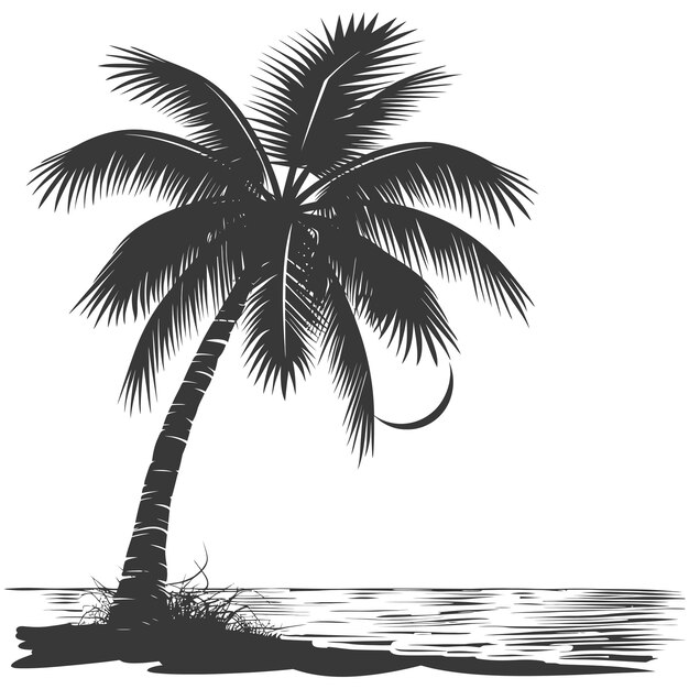 Vector silhouette palm tree on the beach with sunset black color only