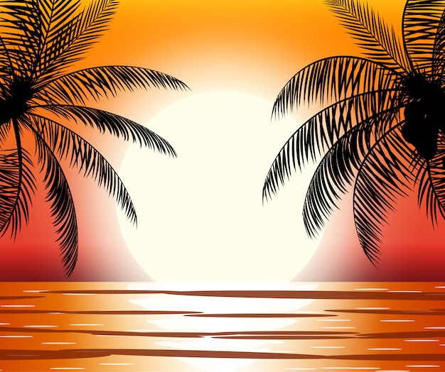 Vector silhouette of palm tree on beach.