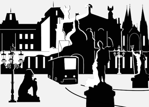 Vector silhouette panorama attractions of the city of lviv ukraine
