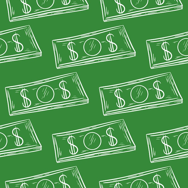 Silhouette of paper banknotes on green background seamless pattern Background with dollars