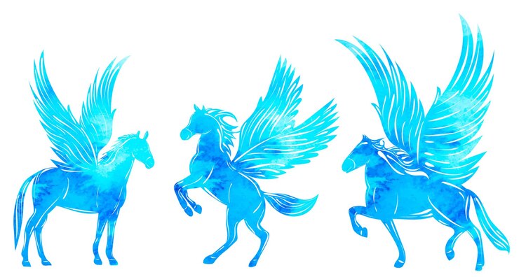 Vector silhouette pegasus blue watercolor on white background isolated