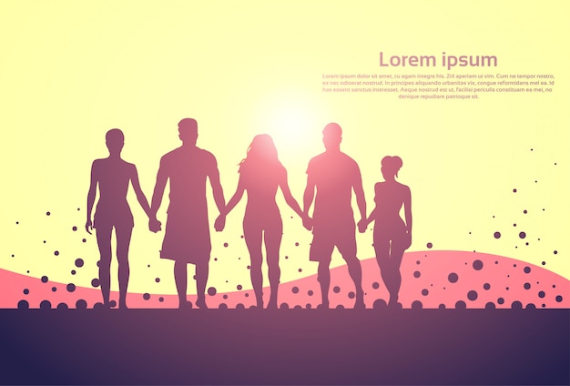 Vector silhouette people group stand holding hands man and woman full length