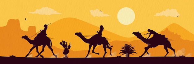 Vettore silhouette di persone che cavalcano cammelli e corrono nel deserto