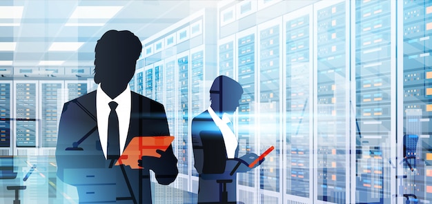 Vector silhouette people working in data center room hosting server computer information database