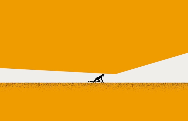 Vector silhouette of a person crawling towards a light opening
