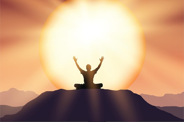 太陽が昇るときに山で瞑想している人のシルエット