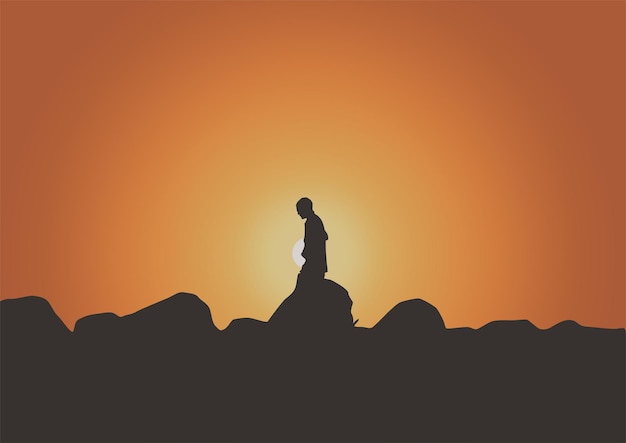 silhouette of the person in nature at sunset vector illustration