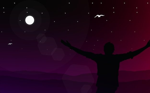 Vector silhouette of a person in the night. freedom man walpaper. night sky with stars. freedom. night.