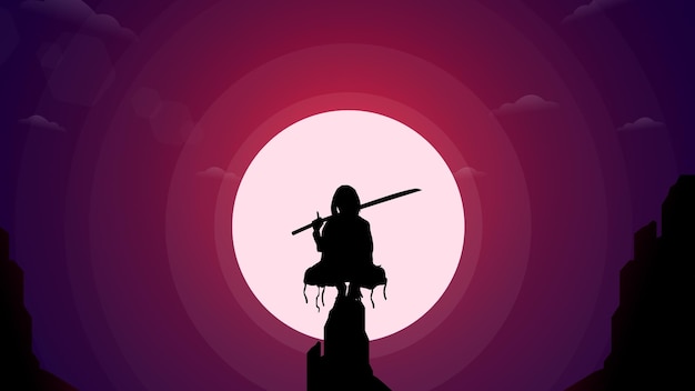 Vector silhouette of a person in the night. woman silhouette. japanese samurai warrior with a sword.