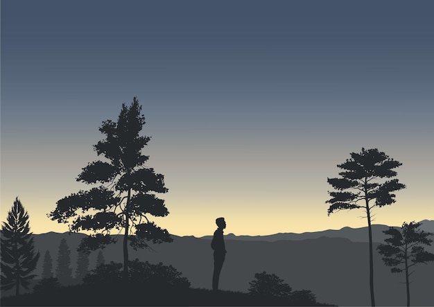 Vector silhouette of a person standing in the forest at sunset.