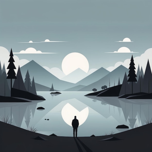 Vector silhouette of a person standing in the middle of a lake silhouette of a person standing in the