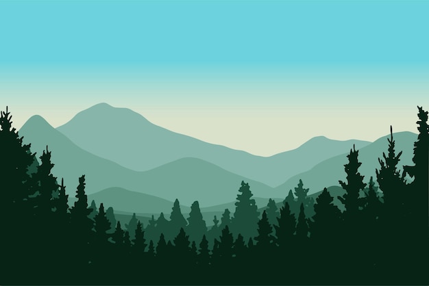 Vector silhouette pine forest landscape vector illustration in the mountains