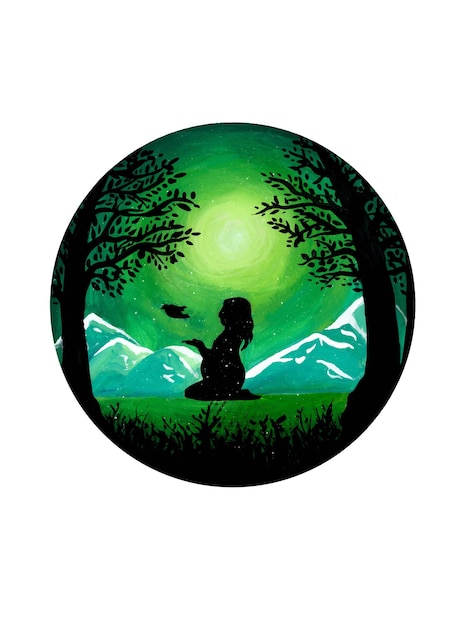 Silhouette of a pregnant woman letting a bird fly against the backdrop of a green mountain landscape