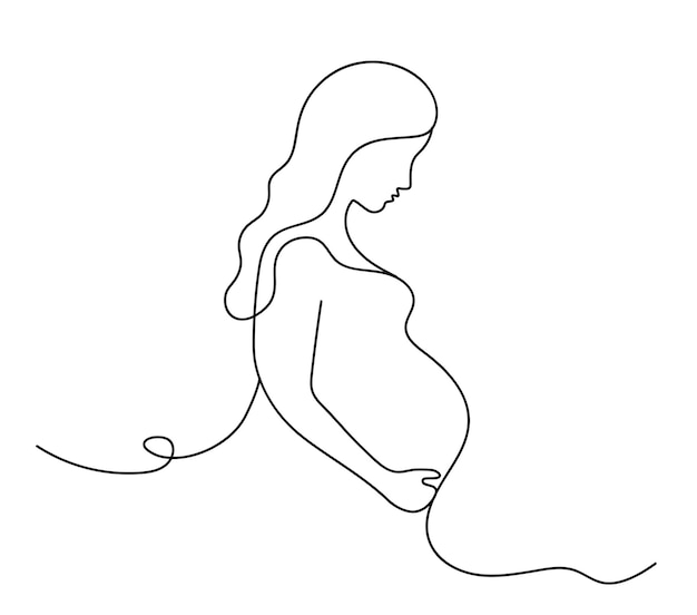 임신한 여성의 실루엣 라인 아트 스타일 미래의 엄마가 팔로 배를 껴안고 있습니다.