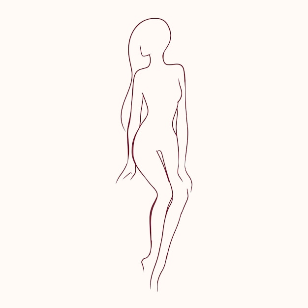 Silhouette of pretty slim nude long-haired woman hand drawn with contour lines.
