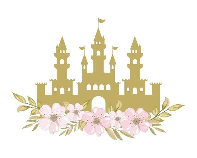 Vector silhouette of a princess castle with  flowers golden castle with floral vignette frame with flowers