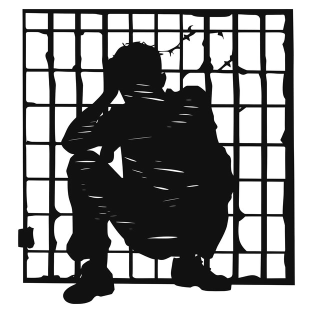 Vector silhouette prisoner in jail black color only full body