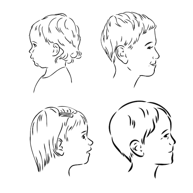 흰색 배경에 격리된 어린이 머리 플랫 벡터 그림의 프로필 실루엣