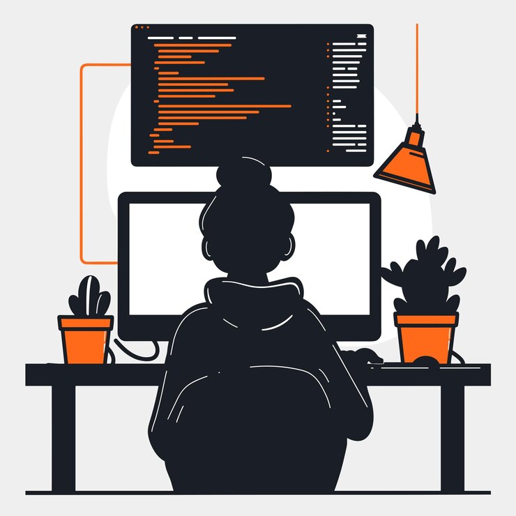 Vector silhouette of a programmer at work