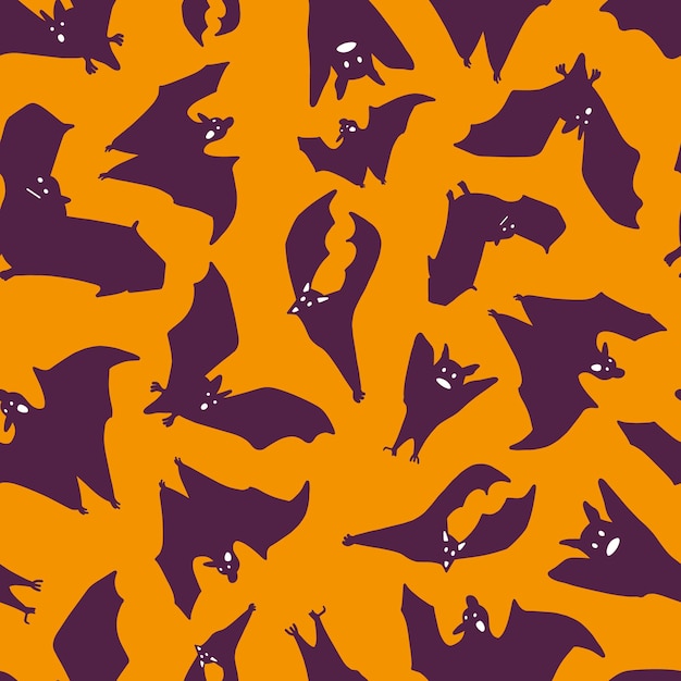 Silhouette of purple bats on an orange background