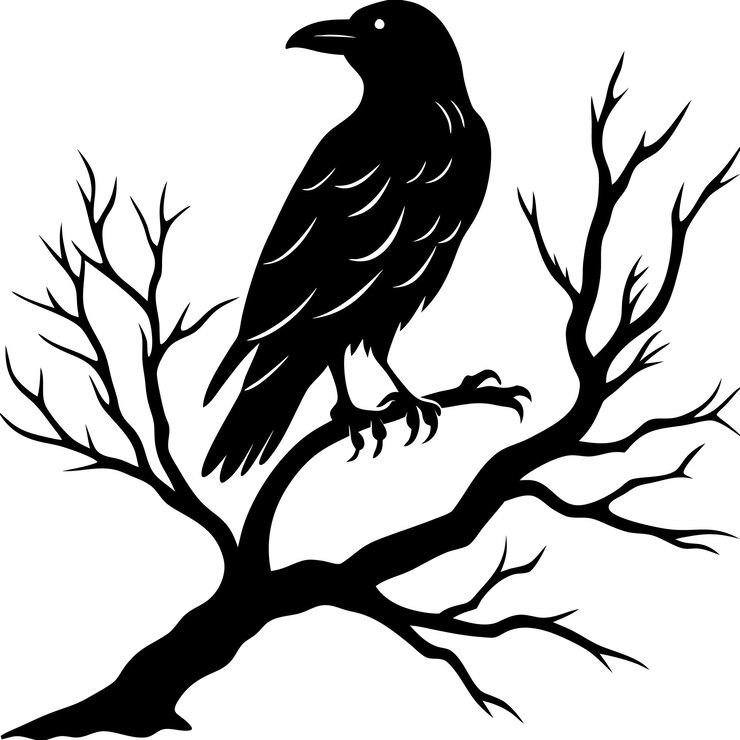 Vector silhouette of a raven perched on a branch of a dry tree perfect for halloween