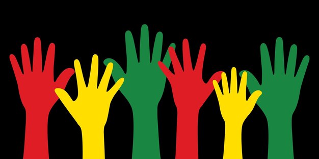 Silhouette of red yellow and green colored hands as the colors of the Black History Month flag