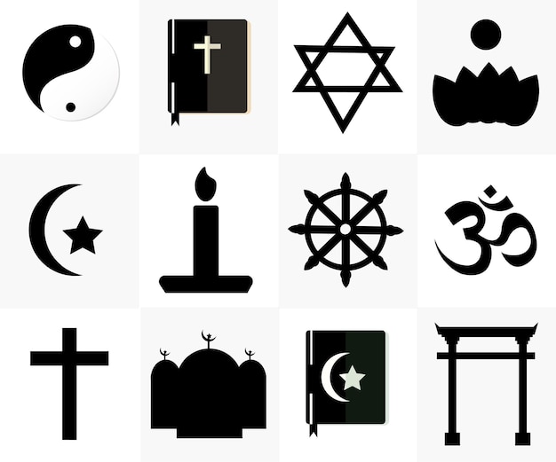 Silhouette simboli religiosi set vettore cristianesimo buddismo islam shintoismo taoismo induismo giudaismo